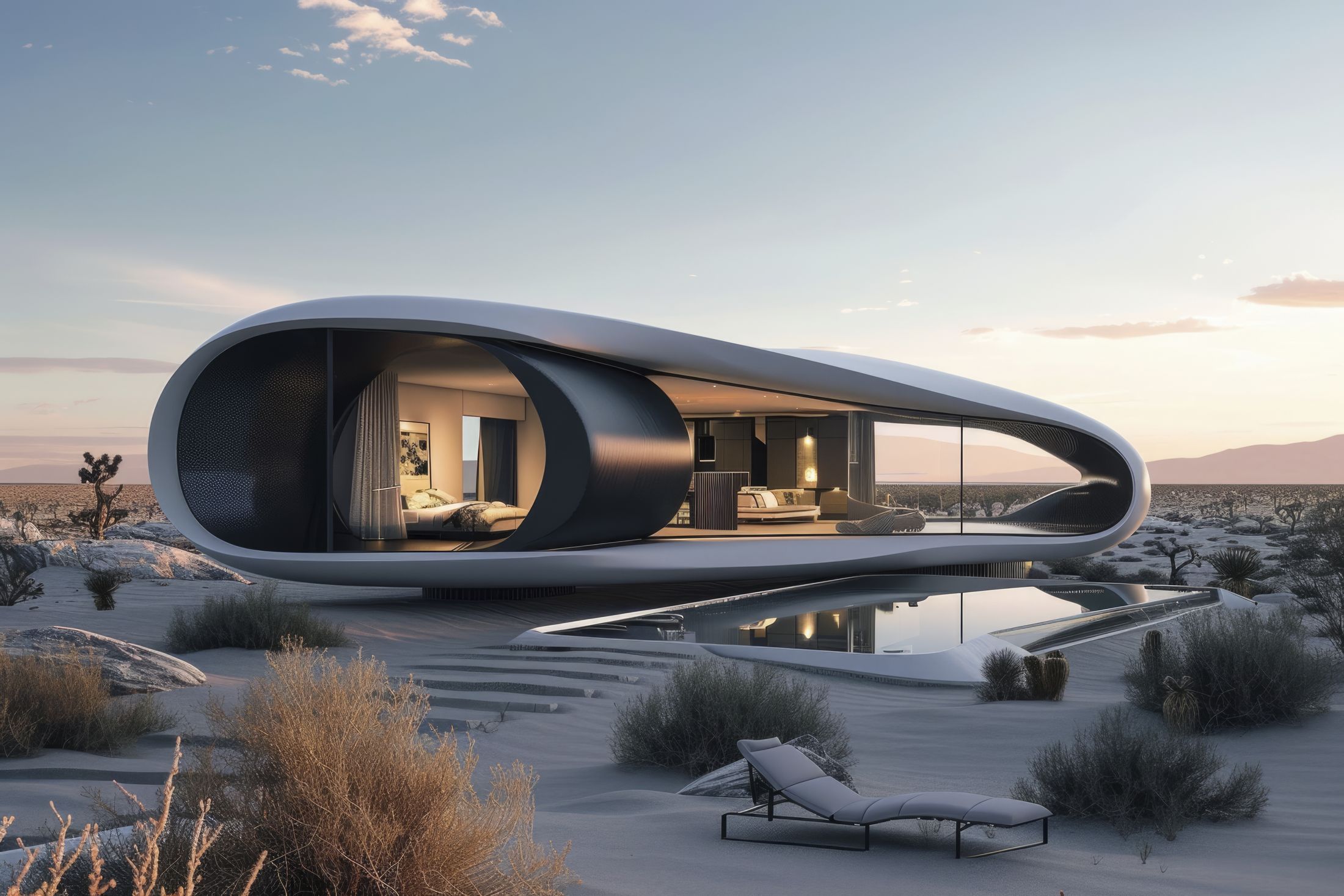 Maison futuriste dans un paysage désertique